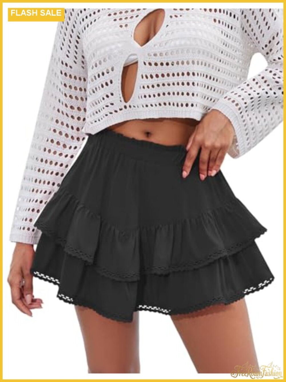 Flowy Tiered Ruffle Skorts with Crochet Hem High Waist